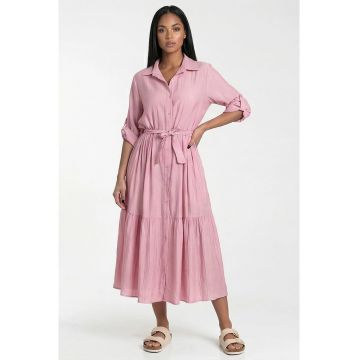 Rochie maxi  roz - croiala evazata - guler clasic -