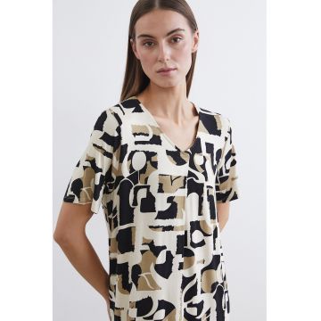 Rochie midi cu maneci scurte si decolteu in V - Negru/Maro camel/Bej deschis