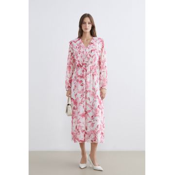 Rochie midi cu model floral si decolteu in V - Alb/Roz