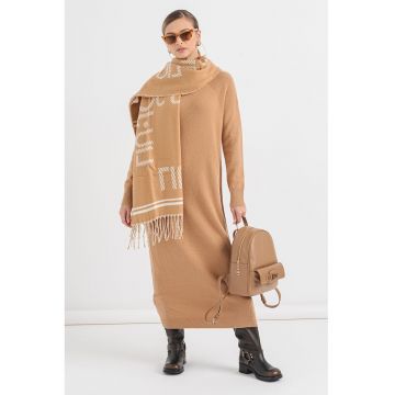 Rochie midi din lana cu decolteu rotund - Maro deschis