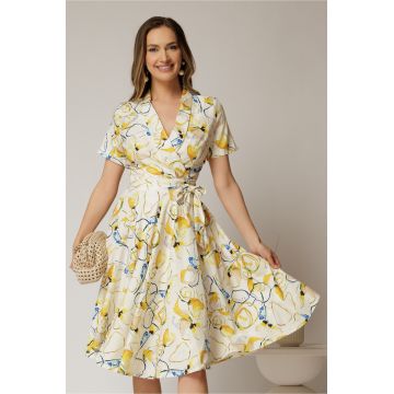 Rochie midi ivoar cu imprimeu galben cu aspect petrecut si cordon in talie