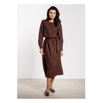 Rochie midi -  Maro - croi in A - curea detasabila - butoni eleganti - rayon natural - maneci cu mansete - liberatate de miscare - stil chic - Bronz