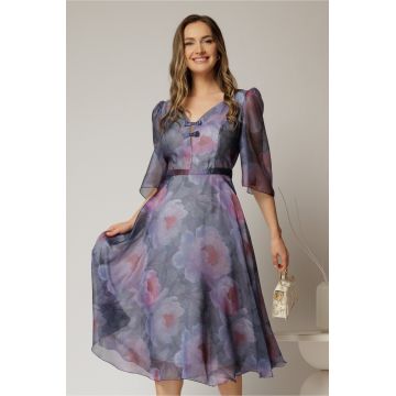 Rochie midi mov cu imprimeuri si fundite pe bust