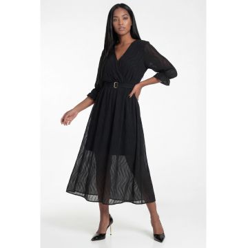 Rochie midi  neagra - croiala evazata - decolteu in V - maneci 3/4 - curea in talie