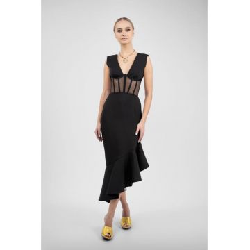 Rochie midi neagra cu corset transparent si fusta asimetrica