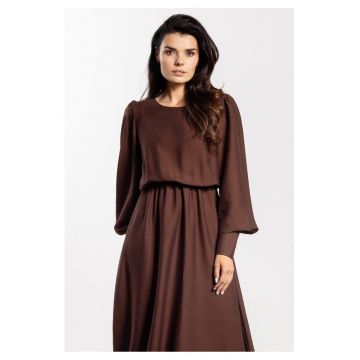 Rochie midi -  rayon natural - maneci lungi cu mansete - talie elastica - decolteu barca - confortabila - ideala pentru toamna-iarna - Bronz