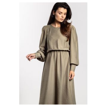 Rochie midi -  rayon natural - maneci lungi cu mansete - talie elastica - decolteu barca - confortabila - ideala pentru toamna-iarna - Greenery