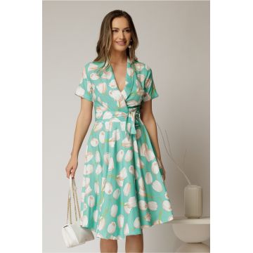 Rochie midi verde cu imprimeu cu aspect petrecut si cordon in talie