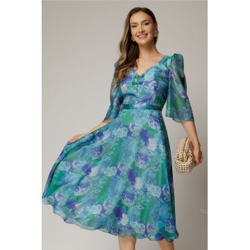 Rochie midi verde cu imprimeuri si fundite pe bust