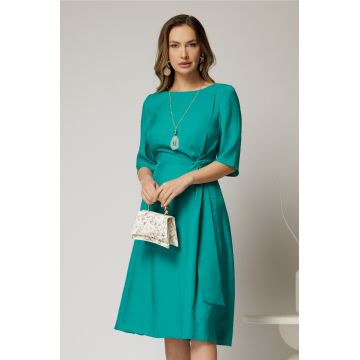 Rochie midi verde turcoaz de zi cu nod pe talie