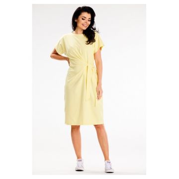 Rochie midi -  XL - Galben - maneci scurte - legatura asimetrica frontala - bumbac placut la atingere - subliniaza talia - feminitate si confort