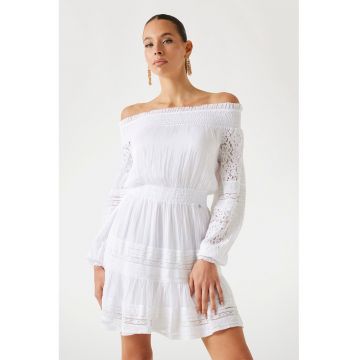 Rochie mini din amestec de matase cu decolteu pe umeri - Alb