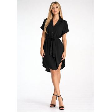 Rochie tip camasa midi cu nasturi si talie - maneca scurta -  M1286 - negru