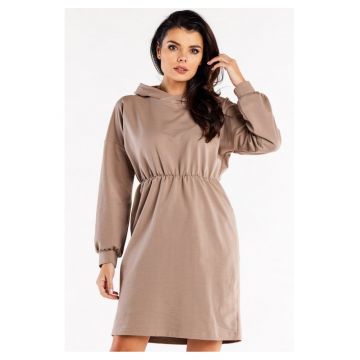 Rochie tip hanorac -  XL - Latte - croiala lejera - volanas pe tiv - maneci bufante decorative - bumbac moale - confort zilnic - stil urban
