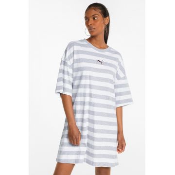 Rochie tip tricou cu model in dungi - Alb/Gri