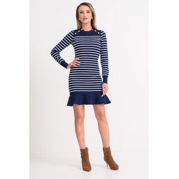 Rochie tricotata cu dungi si terminatie evazata - Alb/Albastru inchis