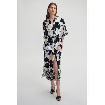 Rochie-camasa cu imprimeu si buzunare laterale - Negru/Bej