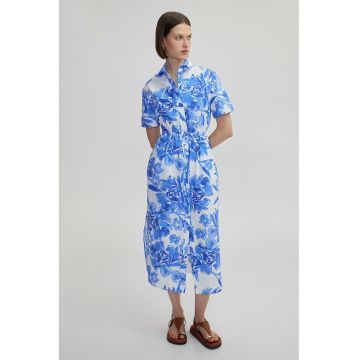 Rochie-camasa cu model floral si buzunare - Alb/Albastru