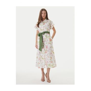 Rochie camasa Dama -  nasturi - ecru - 51% in - 49% bumbac -