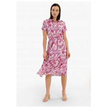 Rochie-camasa lunga de vara din viscoza - cu volane - maneci scurte - curea in talie -  G-Amstel - roz - Roz
