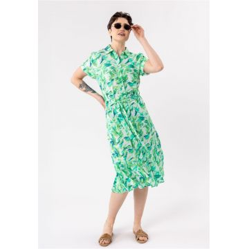 Rochie-camasa lunga de vara din viscoza - cu volane - maneci scurte - curea in talie -  G-Amstel - verde - Verde