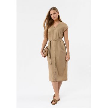 Rochie-camasa lunga din amestec de in si viscoza - cu nasturi - cu guler - maneci scurte - curea in talie -  G-Sunray - camel - Maro camel deschis