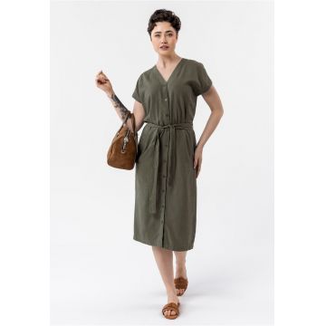 Rochie-camasa lunga din amestec de in si viscoza - cu nasturi - cu guler - maneci scurte - curea in talie -  G-Sunray - kaki - Kaki