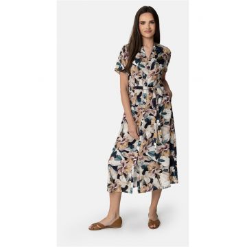 Rochie-camasa lunga din viscoza cu model floral - maneci scurte - decolteu in V - cu curea in talie -  G-Atalya - Multicolor