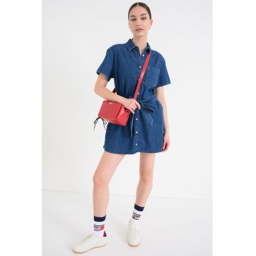 Rochie-camasa mini de denim cu buzunare laterale - Albastru prafuit