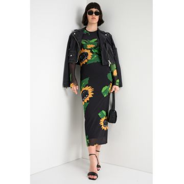 Rochie cambrata cu model floral si strat exterior de plasa - Verde/Negru/Galben