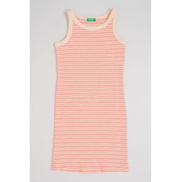 Rochie cambrata si texturata cu decolteu rotund - Roz/Crem