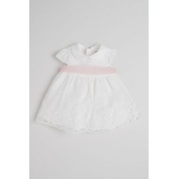 Rochie cu croiala baby-doll si broderie - Alb optic/Roz