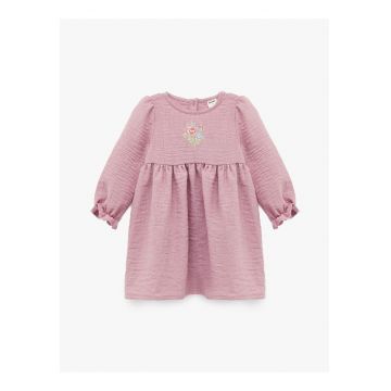 Rochie cu croiala in A si broderie florala - Verde pal/Albastru pal/Roz prafuit