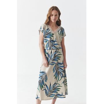 Rochie cu decolteu in V si model - Albastru/Bej deschis