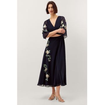 Rochie cu design floral si decolteu in V - Alb/Verde/Albastru ultramarin