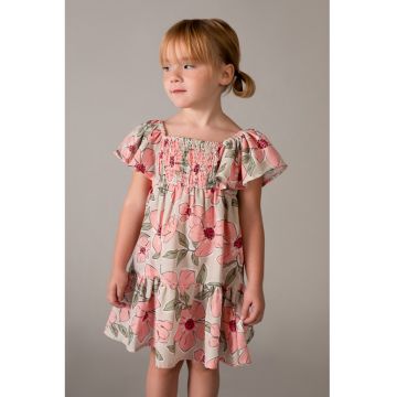 Rochie cu imprimeu si garnituri cu insertii stralucitoare - Kaki/Roz/Verde feriga