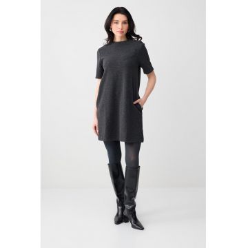 Rochie cu maneci scurte si buzunare laterale - Gri inchis melange