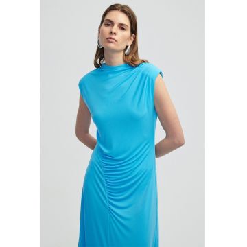 Rochie cu maneci scurte si detalii cu fronseuri - Albastru deschis neon