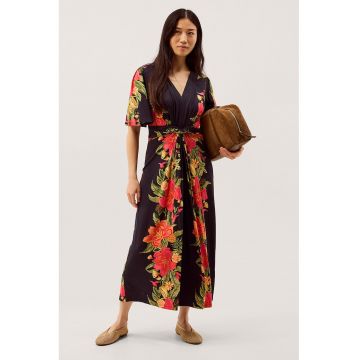 Rochie cu model floral si decolteu in V - Rosu/Verde/Albastru ultramarin