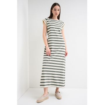 Rochie cu model in dungi si snur de ajustare in talie - Verde feriga/Crem/Verde fistic