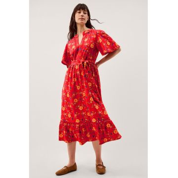 Rochie de bumbac cu model floral - Galben/Rosu vermillion/Albastru