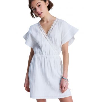 Rochie de bumbac organi cu decolteu in V crosetat - Alb