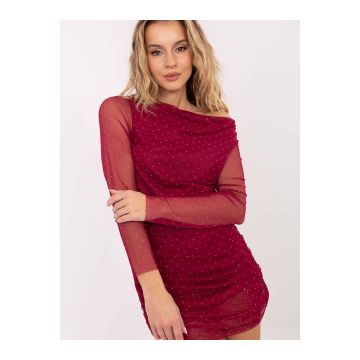 Rochie de Seară Burgundy cu Pietre Strălucitoare și Mâneci Translucide