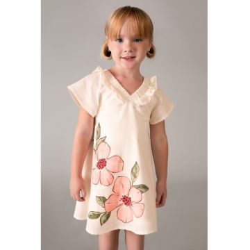 Rochie din amestec de in cu decolteu in V - Alb fildes/Roz