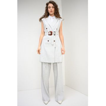Rochie din amestec de in cu dungi - Gri melange/Kaki