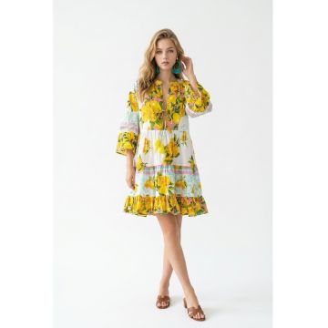Rochie din bumbac cu imprimeu cu lamai Amalfi - Alb/Galben