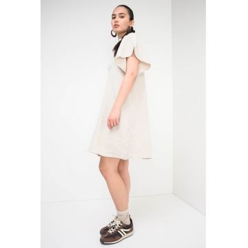 Rochie din bumbac cu maneci cu volane - Crem