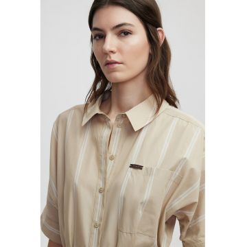 Rochie din bumbac cu model in dungi si curea in talie - Alb/Bej inchis
