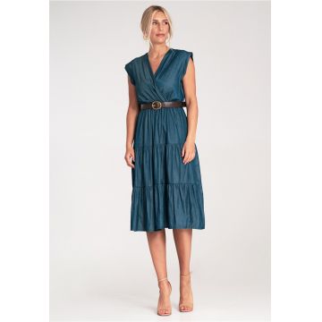 Rochie din denim  albastru - curea decorativa si volane - croiala evazata -