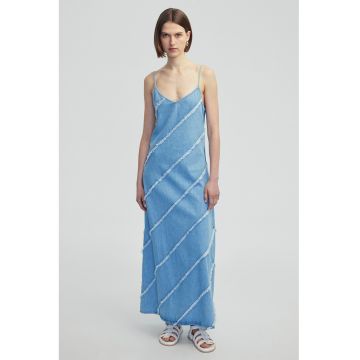 Rochie din denim cu aplicatie diagonala cu franjuri - Albastru deschis melange